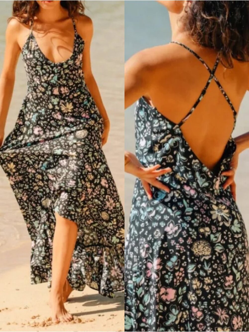 XIX Palms Black Floral High Low Ruffle Maxi Dress M Crisscross Open Back Hawaii
